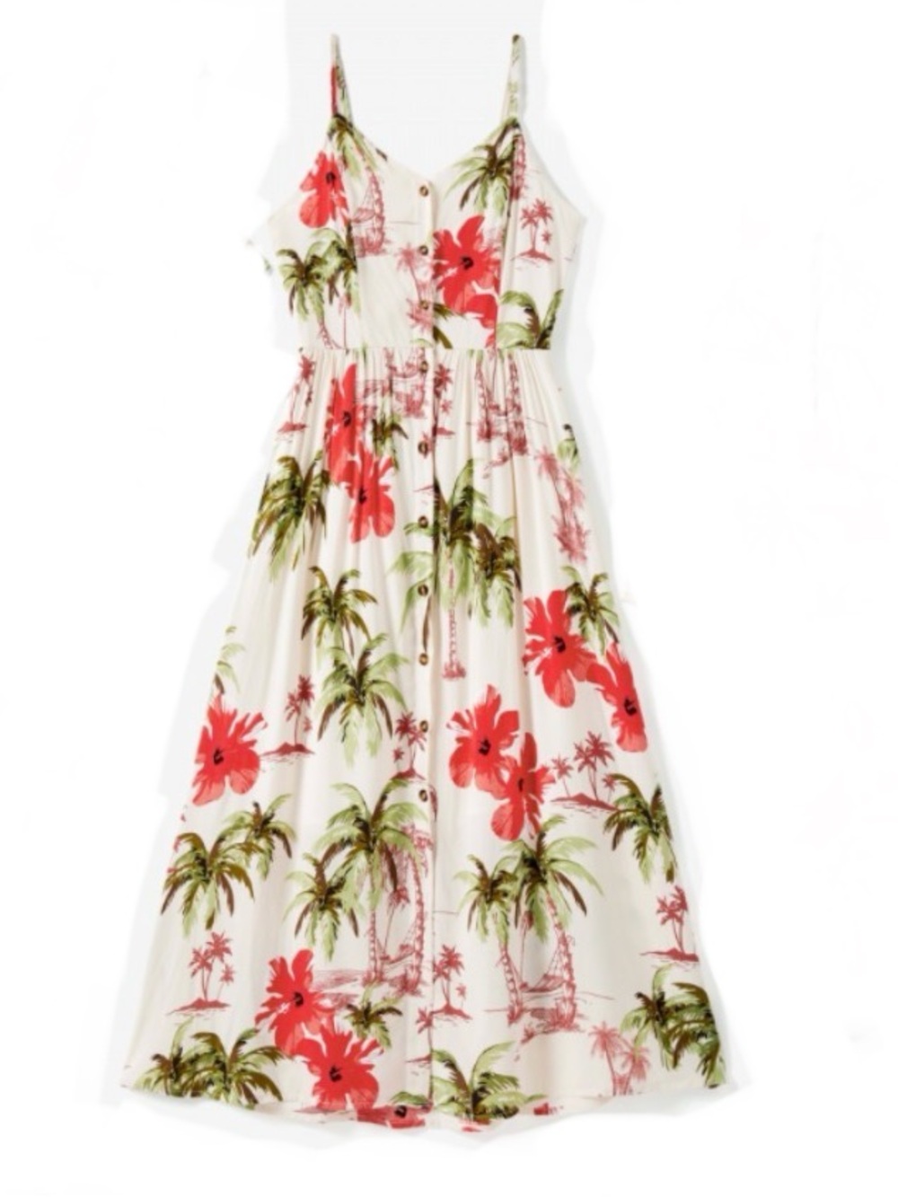 PatPat Women White Maxi Dress with Coral Floral & Green Palm Print, Size M